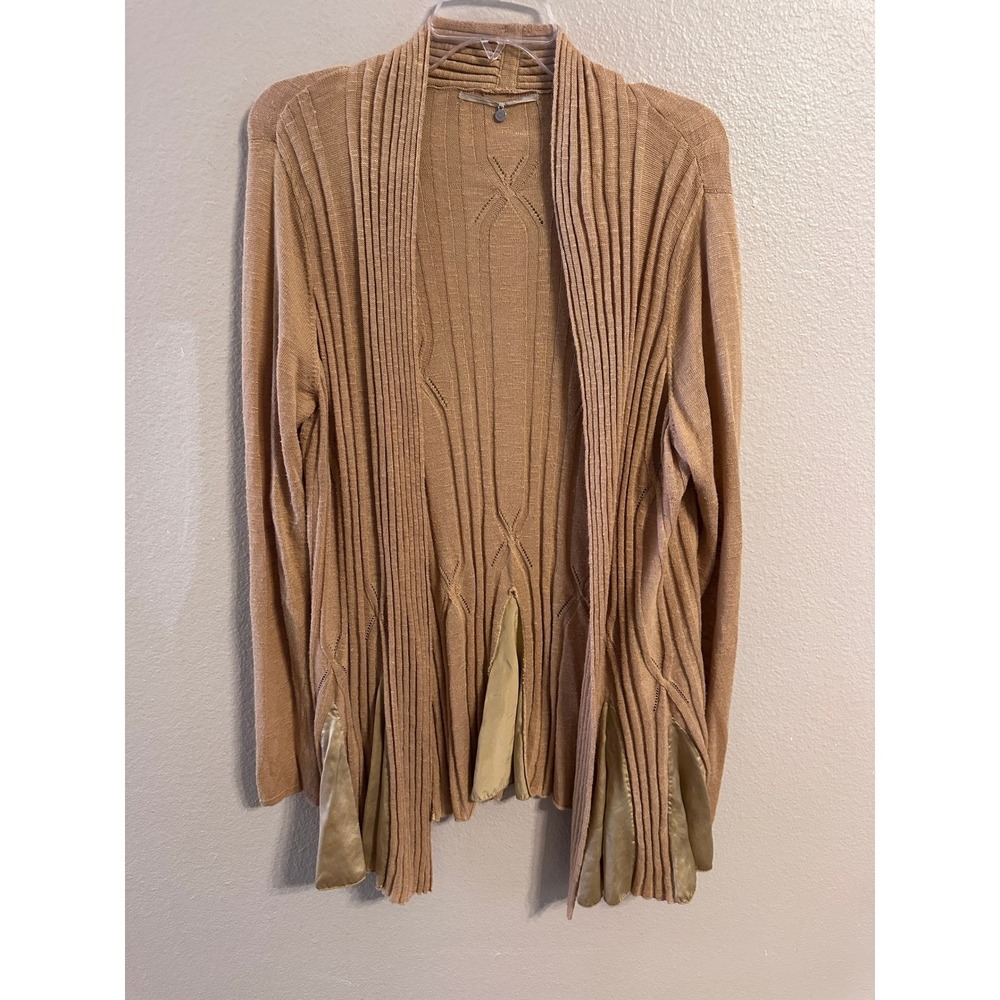 ANTHROPOLOGIE Knitted & Knotted Open‎ Front Cardigan Tan Ribbed Waterfall Hem XL